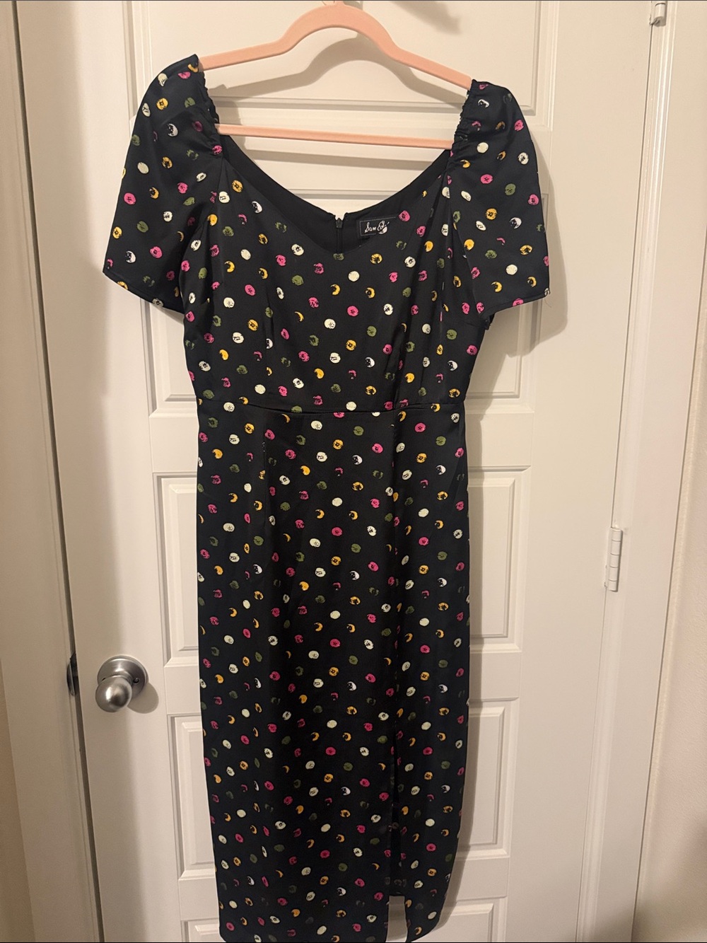 Sam Edelman Black Midi Dress with Pink and Yellow Polka Dots